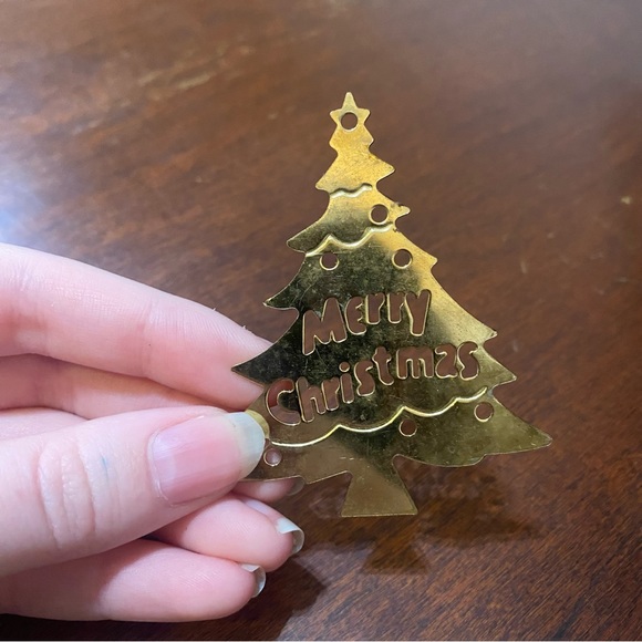 Vintage Cut Metal Gold Tone Merry Christmas Tree Ornament Holiday 2 3/4" - Picture 2 of 7